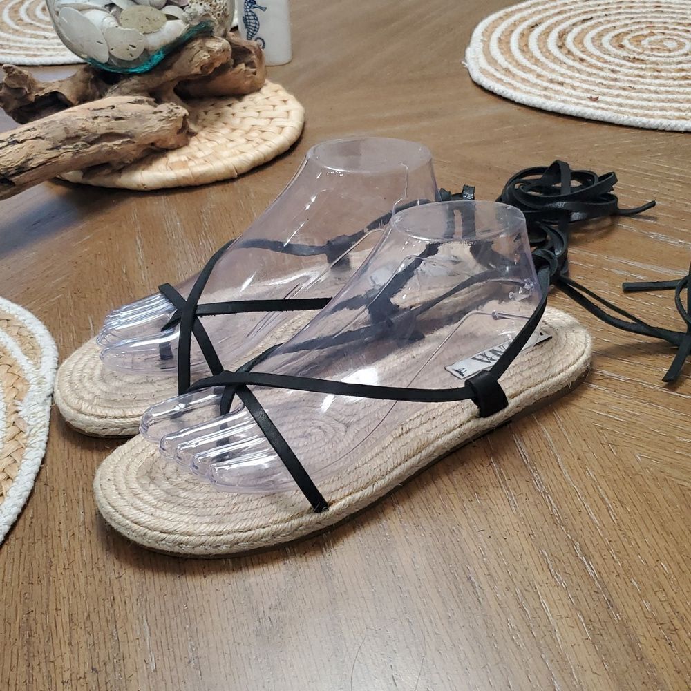 NWOT Zara Lace Up Tied Leather Jute Leather Black Sandals Size 41 - Picture 3 of 8